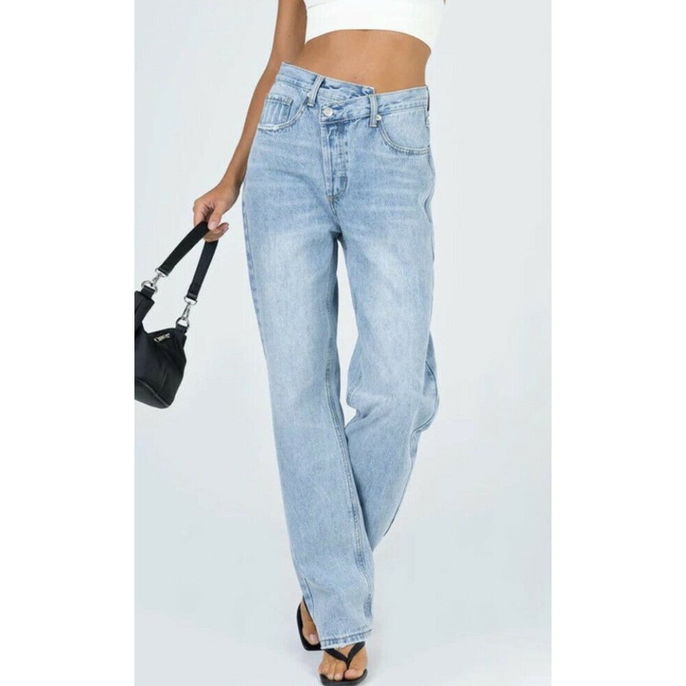 Princess Polly HOLLY ASYMMETRIC STRAIGHT LEG JEAN LIGHT WASH DENIM Sz 10